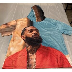 Nipsey Hussle All Over Print Short Sleeve Hoodie Mens XXL Blue Red Streetwear
